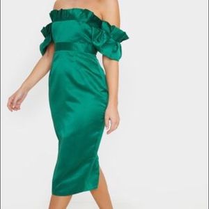 emerald green satin midi dress